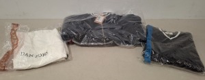 8 X BRAND NEW DAN JOHN MIXED CLOTHING LOT TO INCLUDE TROUSERS IN OLIVE IN 54 , BUTTONED SWEATSHIRT IN BROWN IN SIZE XL , VARSITY JUMPER IN WHITE IN SIZE XXXL ETC IN ONE TRAY (NOTE - TRAY NOT INCLUDED)
