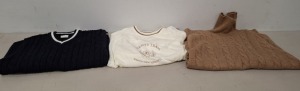 11 X BRAND NEW DAN JOHN MIXED CLOTHING LOT TO INCLUDE VARSITY SWEATSHIRT IN WHITE IN SIZE L , TURTLE NECK JUMPER IN BROWN IN SIZE XXL , V NECK SWEATSHIRT IN NAVY/WHITE IN SIZE M ETC IN ONE TRAY (NOTE - TRAY NOT INCLUDED)
