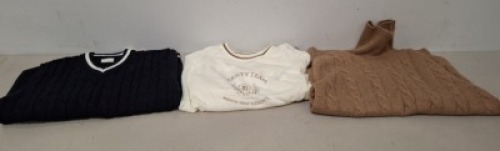 11 X BRAND NEW DAN JOHN MIXED CLOTHING LOT TO INCLUDE VARSITY SWEATSHIRT IN WHITE IN SIZE L , TURTLE NECK JUMPER IN BROWN IN SIZE XXL , V NECK SWEATSHIRT IN NAVY/WHITE IN SIZE M ETC IN ONE TRAY (NOTE - TRAY NOT INCLUDED)