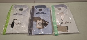 20 X BRAND NEW DAN JOHN T-SHIRTS IN TWO COLOURS WHITE AND BLUE IN SIZES 37,39,43,45 ETC IN ONE TRAY (NOTE TRAY NOT INCLUDED)