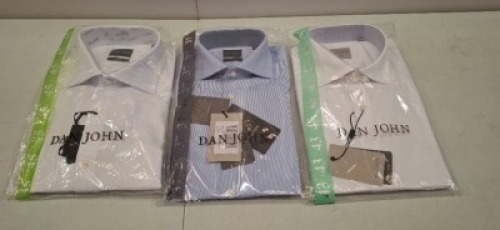 20 X BRAND NEW DAN JOHN T-SHIRTS IN TWO COLOURS WHITE AND BLUE IN SIZES 37,39,43,45 ETC IN ONE TRAY (NOTE TRAY NOT INCLUDED)