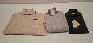 20 X BRAND NEW DAN JOHN MIXED CLOTHING LOT TO INCLUDE TURTLE NECK JUMPER IN BLACK IN SIZE L , COLLARED SWEATSHIRT IN WHITE IN L , TURTLE NECK JUMPER IN TEAL IN SIZE XL ETC IN ONE TRAY (TRAY NOT INCLUDED)
