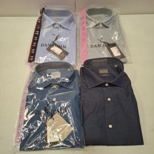 20 X BRAND NEW DAN JOHN BUTTONED SHIRTS IN VARIOUS COLOURS WHITE/BLUE AND GREEN, DENIM BLUE, BLUE IN SIZES 41,43,44 ETC IN ONE TRAY (NOTE - TRAY NOT INCLUDED)