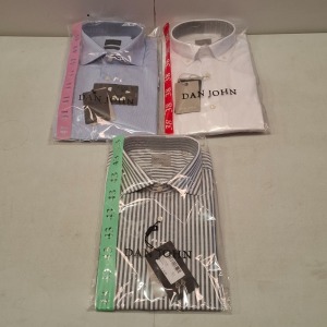 20 X BRAND NEW DAN JOHN BUTTONED SHIRTS IN VARIOUS COLOURS WHITE, STRIPED GREY/WHITE , LIGHT BLUE IN SIZES 38,41,43 ETC IN ONE TRAY (NOTE TRAY NOT INCLUDED)
