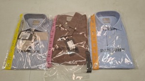 20 X BRAND NEW DAN JOHN BUTTONED SHIRTS IN VARIOUS COLOURS WHITE/BLUE , LIGHT BLUE AND BROWN IN SIZES 39,40,41 ETC IN ONE TRAY (TRAY NOT INCLUDED)