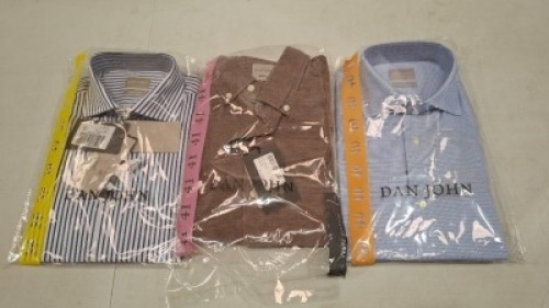 20 X BRAND NEW DAN JOHN BUTTONED SHIRTS IN VARIOUS COLOURS WHITE/BLUE , LIGHT BLUE AND BROWN IN SIZES 39,40,41 ETC IN ONE TRAY (TRAY NOT INCLUDED)