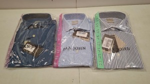 20 X BRAND NEW DAN JOHN BUTTONED SHIRTS IN VARIOUS COLOURS DENIM BLUE , WHITE AND BLUE , BLUE IN SIZES 39,41,43 ETC IN ONE TRAY (NOTE TRAYS NOT INCLUDED)