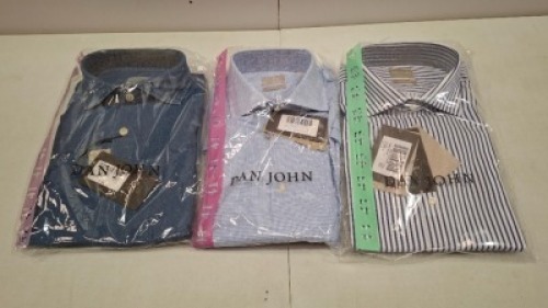 20 X BRAND NEW DAN JOHN BUTTONED SHIRTS IN VARIOUS COLOURS DENIM BLUE , WHITE AND BLUE , BLUE IN SIZES 39,41,43 ETC IN ONE TRAY (NOTE TRAYS NOT INCLUDED)