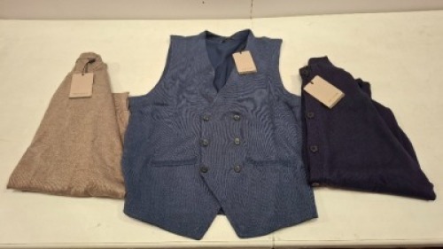 20 X BRAND NEW DAN JOHN MIXED CLOTHING LOT TO INCLUDE WAISTCOAT IN BLUE IN SIZE XXXL , SWEATSHIRT IN BROWN IN XXXL , BUTTONED TURTLENECK JUMPER IN BLUE IN SIZE L ETC IN ONE TRAY (TRAY NOT INCLUDED)
