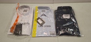 20 X BRAND NEW DAN JOHN SHIRTS IN MIXED COLOURS NAVY , LIGHT BLUE , GREY/WHITE AND WHITE IN SIZES 39,44,45 ETC IN ONE TRAY (NOTE TRAY NOT INCLUDED)