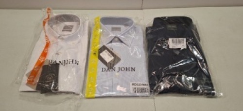 20 X BRAND NEW DAN JOHN SHIRTS IN MIXED COLOURS NAVY , LIGHT BLUE , GREY/WHITE AND WHITE IN SIZES 39,44,45 ETC IN ONE TRAY (NOTE TRAY NOT INCLUDED)