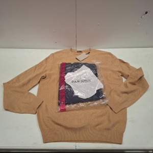 20 X BRAND NEW DAN JOHN MIXED CLOTHING LOT TO INCLUDE SWEATSHIRT IN BLACK IN XXXL , SWEATSHIRT IN BLUE IN SIZE XXXL , TURTLE NECK JUMPER IN CAMEL IN SIZE L ETC IN ONE TRAY (NOTE TRAY NOT INCLUDED)