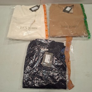 20 X BRAND NEW DAN JOHN MIXED CLOTHING LOT TO INCLUDE SWEATSHIRT IN WHITE IN XXL , SWEATSHIRT IN CAMEL IN L , SWEATSHIRT IN NAVY IN M ETC IN ONE TRAY (TRAY NOT INCLUDED)
