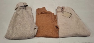 20 X BRAND NEW DAN JOHN MIXED CLOTHING LOT TO INCLUDE SWEATSHIRT IN BEIGE IN SIZE XXL , TURTLE NECK JUMPER IN CAMEL IN SIZE S , TURTLENECK JUMPER IN GREY IN XL ETC IN ONE TRAY (TRAY NOT INCLUDED)