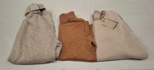 20 X BRAND NEW DAN JOHN MIXED CLOTHING LOT TO INCLUDE SWEATSHIRT IN BEIGE IN SIZE XXL , TURTLE NECK JUMPER IN CAMEL IN SIZE S , TURTLENECK JUMPER IN GREY IN XL ETC IN ONE TRAY (TRAY NOT INCLUDED)
