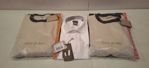 20 X BRAND NEW DAN JOHN MIXED CLOTHING LOT TO INCLUDE SWEATSHIRT IN GREY/BLACK/TEAL IN SIZE XL , SHIRT IN WHITE IN SIZE 43 SLIM , LONG SLEEVE SHIRT IN NAVY IN SIZE L ETC IN ONE TRAY (NOTE TRAY NOT INCLUDED)