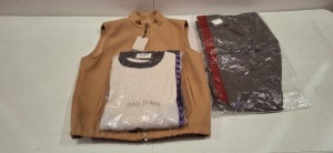20 X BRAND NEW DAN JOHN MIXED CLOTHING LOT TO INCLUDE BODYWARMER IN BROWN IN SIZE L , PANTS IN BLACK IN SIZE 50 , JUMPER IN WHITE AND BLACK IN XXXL ETC IN ONE TRAY (TRAYS NOT INCLUDED)