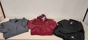 20 X MIXED CLOTHING LOT CONTAINING 12 WINTERBOTTOMS WATERPROOF JACKETS IN BLACK IN SIZE 38 , 7 PAPINI FLEECE IN GREY IN SIZE SMALL , 1 CLASSILAL HOODIE IN RED IN SIZE MEDIUM ON HALF A BAY