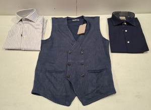 20 X BRAND NEW DAN JOHN MIXED CLOTHING LOT TO INCLUDE STRIPED SHIRT IN WHITE AND GREY IN SIZE 37 SLIM , WAISTCOAT IN BLUE IN L , SCARF IN MULTICOLOURED ETC IN ONE TRAY (TRAYS NOT INCLUDED)