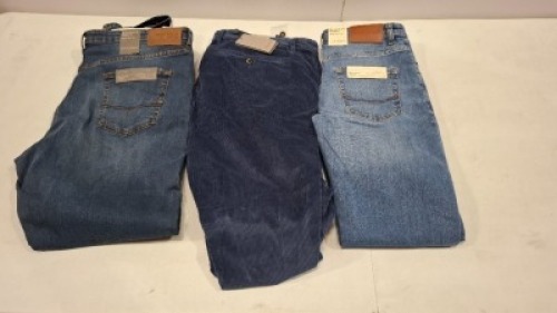 20 X BRAND NEW DAN JOHN TROUSERS/JEANS IN COLOURS BLUE,NAVY AND CHARCOAL GREY IN SIZES 48,56,58 ETC IN ONE TRAY (NOTE - TRAYS NOT INCLUDED)