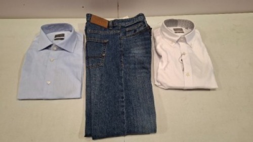 20 X BRAND NEW DAN JOHN MIXED CLOTHING LOT TO INCLUDE SHIRT IN BLUE IN SIZE 42 SLIM , SHIRT IN WHITE IN SIZE 41 , JEANS IN BLUE IN SIZE 44 ETC IN ONE TRAY (TRAYS NOT INCLUDED)