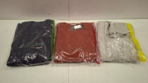 20 X BRAND NEW DAN JOHN MIXED CLOTHING LOT TO INCLUDE SWEATSHIRT IN RED IN SIZE XXL , TURTLENECK JUMPER IN IN GREY IN SIZE S , BUTTONED SWEATSHIRT IN NAVY IN SIZE L