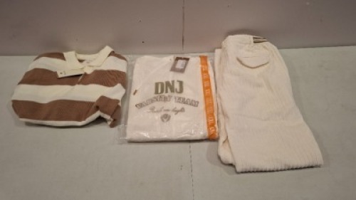 20 X BRAND NEW DAN JOHN MIXED CLOTHING LOT TO INCLUDE SHIRT IN CHEQUERED BLUE/GREY IN SIZE 43 , BUTTONED SWEATSHIRT IN BROWN/WHITE IN SIZE L , PANTS IN WHITE IN SIZE 50 ETC IN TWO TRAYS (NOTE - TRAYS NOT INCLUDED)