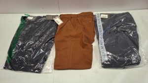 20 X BRAND NEW DAN JOHN TROUSERS LOT LOT CONTAINING TROUSERS IN BROWN IN SIZE 50, TROUSERS IN WHITE IN SIZE 44, TROUSERS IN NAVY BLUE IN SIZE 56 ETC, IN 2 TRAYS (TRAYS NOT INCLUDED)