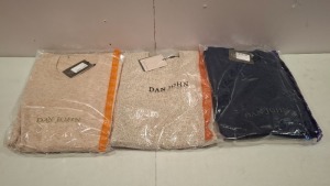 20 X BRAND NEW DAN JOHN MIXED CLOTHING LOT CONTAINING TROUSERS IN BROWN IN SIZE 58, JUMPER IN GREY IN SIZE XXL, SWEATSHIRT IN NAVY IN SIZE XXXL ETC IN 2 TRAYS (TRAYS NOT INCLUDED)
