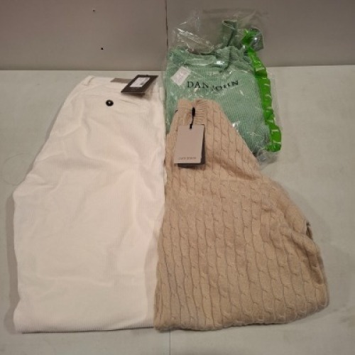 20 X BRAND NEW DAN JOHN MIXED CLOTHING LOT CONTAINING TROUSERS IN WHITE IN SIZE 54, TURTLENECK JUMPER IN GREY IN SIZE XXXL, TROUSERS IN NAVY IN SIZE 48 IN 1 TRAY ETC, (TRAY NOT INCLUDED)