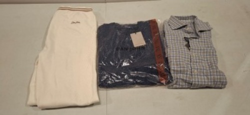 20 X BRAND NEW DAN JOHN MIXED CLOTHING LOT CONTAINING TRACKSUIT BOTTOM TROUSERS IN WHITE AND BROWN IN SIZE LARGE, CHEQUERED SHIRT IN GREY AND BLUE IN SIZE 41 SLIM FIT, JUMPER IN NAVY BLUE IN SIZE XXL ETC, IN 2 TRAYS (TRAYS NOT INCLUDED)
