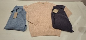 20 X BRAND NEW DAN JOHN MIXED CLOTHING LOT CONTAINING WOOL JUMPER IN BEIGE IN SIZE L , TURTLENECK JUMPER IN NAVY IN SIZE S , TURTLENECK JUMPER VIOLET IN SIZE 3XL ETC IN ONE TRAY (TRAYS NOT INCLUDED)