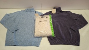 20 X BRAND NEW DAN JOHN MIXED CLOTHING LOT CONTAINING A JUMPER IN GREY IN SIZE LARGE, A TURTLENECK JUMPER IN GREEN IN SIZE XL, A TURTLENECK JUMPER IN VIOLET IN SIZE MEDIUM IN 1 TRAY (TRAY NOT INCLUDED)