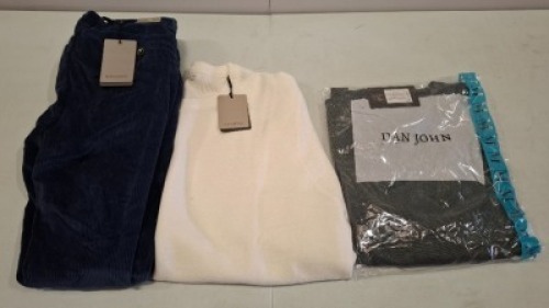 20 X BRAND NEW DAN JOHN MIXED CLOTHING LOT CONTAINING T-SHIRT IN NAVY IN SIZE XXL , JUMPER IN GREEN IN SIZE M , SHIRT IN BLUE IN SIZE 42R SLIM ETC IN ONE TRAY (NOTE - TRAYS NOT INCLUDED)