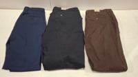 20 X BRAND NEW DAN JOHN TROUSERS IN MIXED COLOURS NAVY , BROWN AND GREY IN SIZES 44,46,56 ETC IN ONE TRAY (NOTE TRAY NOT INCLUDED)