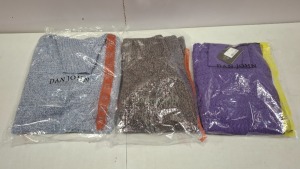 20 X BRAND NEW DAN JOHN MIXED CLOTHING LOT CONTAINING TURTLE NECK JUMPER IN GREY IN SIZE XXL , BUTTONED JUMPER IN NAVY IN SIZE XXL , TURTLE NECK JUMPER IN VIOLET IN SIZE L ETC IN ONE TRAY (NOTE - TRAYS NOT INCLUDED)