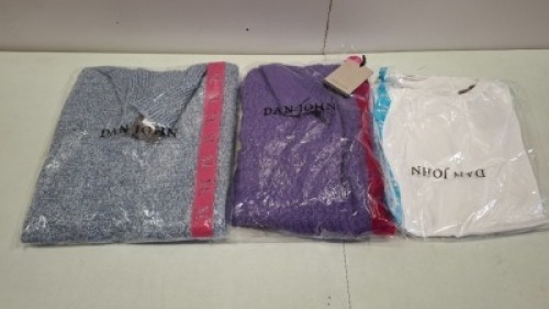 20 X BRAND NEW DAN JOHN MIXED CLOTHING LOT CONTAINING SHIRT IN WHITE IN SIZE XL , TURTLE NECK JUMPER IN VIOLET IN SIZE XL , TURTLE NECK JUMPER IN BLUE IN XL ETC IN ONE TRAY ( NOTE - TRAY NOT INCLUDED