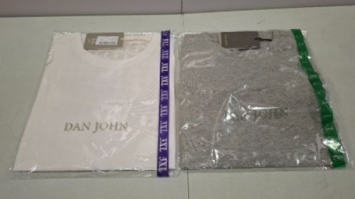 20 X BRAND NEW DAN JOHN T-SHIRTS IN WHITE AND GREY IN MIXED SIZES IE L,XL,XXL,XXXL ETC ALL IN ONE TRAY (NOTE - TRAYS NOT INCLUDED)