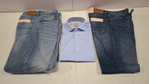 20 X BRAND NEW DAN JOHN MIXED CLOTHING LOT CONTAINING A SHIRT IN BLUE IN SIZE 39 REGULAR, JEANS IN BLUE IN SIZE 50, TROUSERS WITH A BELT IN OLIVE IN SIZE 44, ETC, IN 1 TRAY (TRAY NOT INCLUDED)