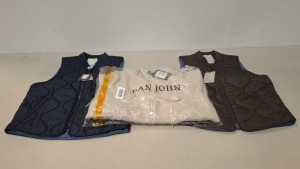 20 X BRAND NEW DAN JOHN MIXED CLOTHING LOT CONTAINING BODY WARMER IN NAVY IN SIZE XL , FLEECE IN BEIGE IN XXL , SHIRT IN NAVY IN SIZE 43 SLIM ETC IN ONE TRAY AND ONE BOX (NOTE - TRAYS NOT INCLUDED)