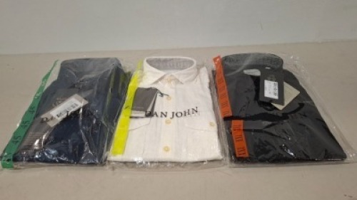 25 X BRAND NEW DAN JOHN SHIRT LOT IN COLOURS WHITE,NAVY AND LIGHT BLUE IN SIZES XL,37,45 ETC IN ONE BOX