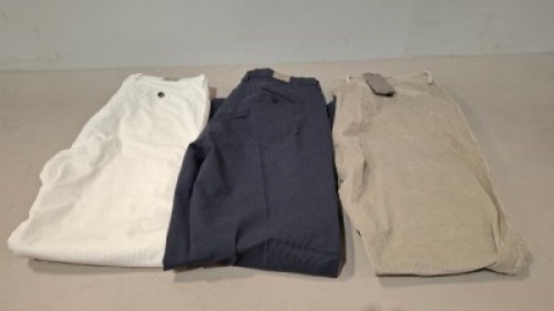 25 X BRAND NEW DAN JOHN MIXED TROUSERS LOT CONTAINING TROUSERS IN WHITE IN SIZE 48 , TROUSERS IN BEIGE IN SIZE 60 , SUIT TROUSERS IN SIZE 54 ETC IN TWO TRAYS (NOTE - TRAYS NOT INCLUDED)