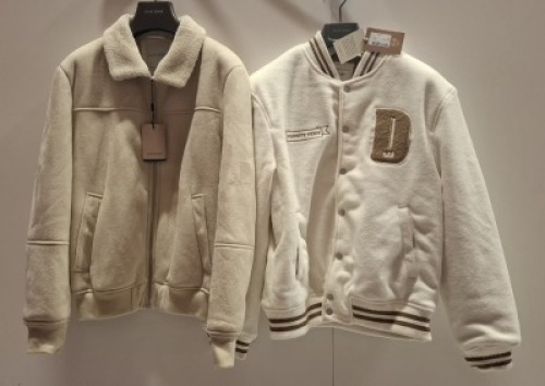 4 X DAN JOHN MIXED JACKETS TO INCLUDE 1X VARSITY TEAM JACKET IN WHITE IN SIZE XXL , 3 X FUR JACKET IN BEIGE IN SIZES XL,