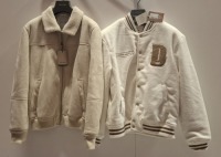 4 X DAN JOHN MIXED JACKETS TO INCLUDE 1X VARSITY TEAM JACKET IN WHITE IN SIZE XXL , 3 X FUR JACKET IN BEIGE IN SIZES XL,