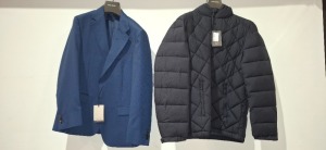 24 X BRAND NEW DAN JOHN MIXED LOT CONTAINING 23 BLAZERS IN MIXED COLOURS AND DESIGNS IE NAVY,LIGHT BLUE AND WHITE AND BLUE IN SIZES 48,50,52,58 , 1 PUFFER JACKET IN NAVY IN SIZE XL ETC OVER 4 RAILS