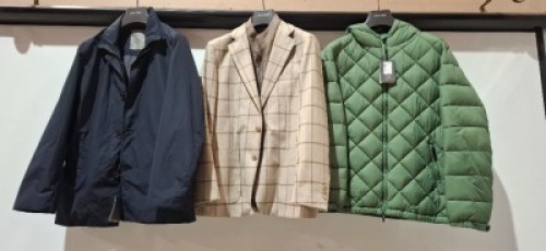 29 X BRAND NEW DAN JOHN MIXED LOT CONTAINING 5 X GREEN PUFFER JACKETS IN SIZES XL,XXL,3XL, 4X BLAZERS IN BROWN,AND GREY IN SIZES 44,48,56,60 , 11X COATS IN NAVY AND BLACK IN SIZES L,XL,XXL , 9 TROUSERS IN BLACK/GREY IN SIZES 46,48,50,56 OVER A RACK