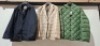 29 X BRAND NEW DAN JOHN MIXED LOT CONTAINING 5 X GREEN PUFFER JACKETS IN SIZES XL,XXL,3XL, 4X BLAZERS IN BROWN,AND GREY IN SIZES 44,48,56,60 , 11X COATS IN NAVY AND BLACK IN SIZES L,XL,XXL , 9 TROUSERS IN BLACK/GREY IN SIZES 46,48,50,56 OVER A RACK