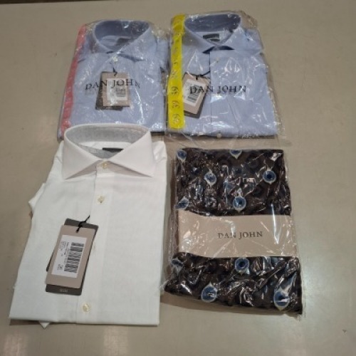 20 X BRAND NEW DAN JOHN MIXED CLOTHING LOT CONTAINING SHIRTS IN WHITE AND LIGHT BLUE IN SIZES 32,38,43,44 , SCARFS IN MULTICOLOURS ETC ALL IN ONE TRAY (NOTE - TRAY NOT INCLUDED)