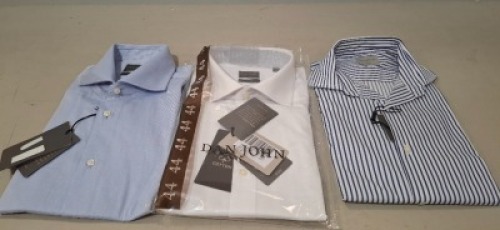 20 X DAN JOHN SHIRTS LOT IN COLOURS WHITE, NAVY, BLUE / WHITE AND LIGHT BLUE IN VARIOUS SIZES 37 SLIM, 44, 39 AND 40 ETC, IN 1 TRAY (TRAY NOT INCLUDED)