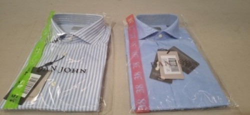 20 X BRAND NEW DAN JOHN SHIRTS LOT CONTAINING LIGHT BLUE AND WHITE / LIGHT BLUE IN VARIOUS SIZES,37, 38, 41, 45 ETC IN 1 TRAY (TRAY NOT INCLUDED)